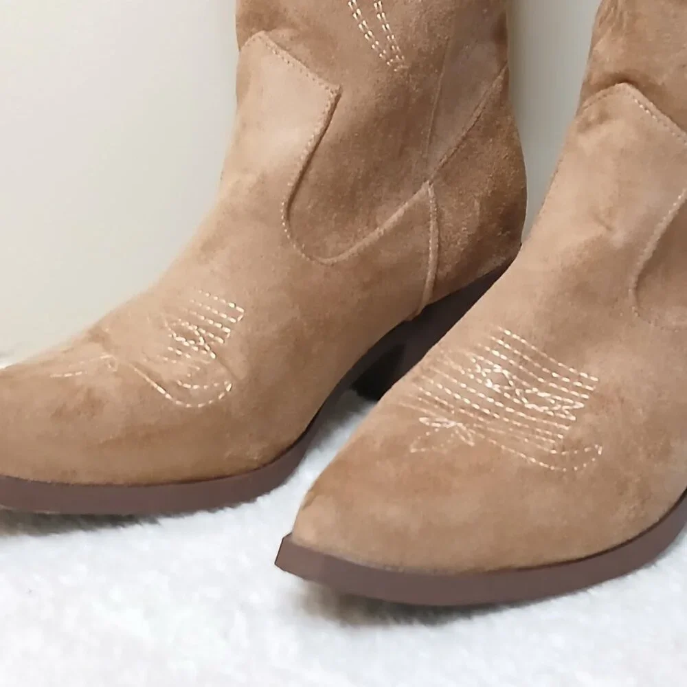 Faux Suede Western Inspired Pointed Toe Boots Tan Size EU 37/US 6.5 - Picture 2 of 8